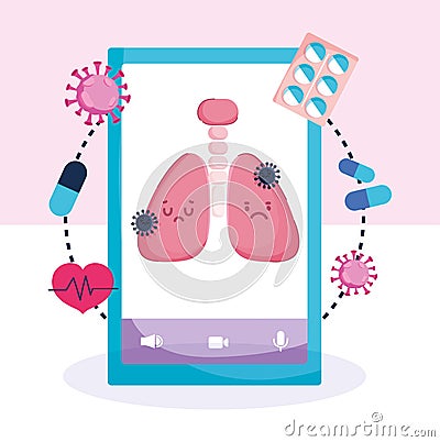 Online health, smartphone lung disease medicine covid 19 pandemic Vector Illustration