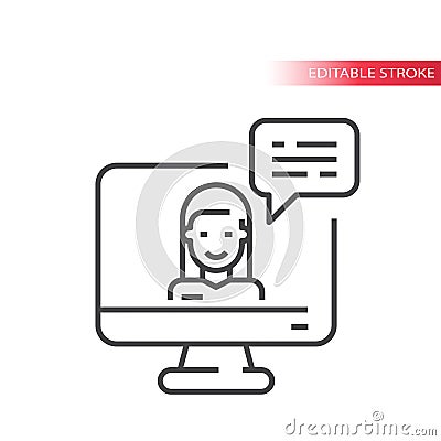 Online help chat vector icon. Girl, computer monitor and chat bubble. Vector Illustration
