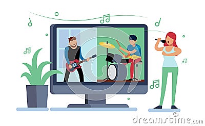 Online home concert, people play on self isolation. Musical group on computer screen, guitarist and drummer, girl sings Vector Illustration