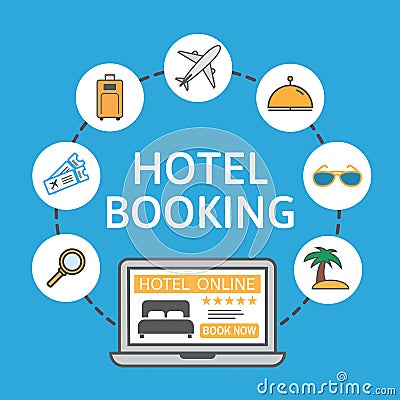 Online hotel booking. Laptop with holiday icons. Holiday vacation concept. Renting accommodations. Book button and bed Vector Illustration