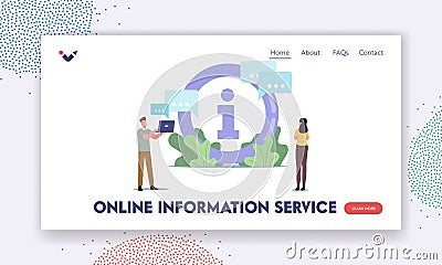 Online Information ServiceLanding Page Template. Characters Stand at Info Desk. People Need in Supermarket or Bank Vector Illustration