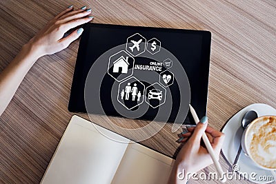 Online insurance concept. Family, life, travel and car selection buttons on screen. Stock Photo