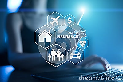 Online insurance on virtual screen. Life, car, property, health and family. Internet and digital technology concept. Stock Photo