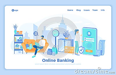 Online internet Banking, mobile payments. Fast easy securely money transactions. Man using laptop for online banking, accounting. Vector Illustration