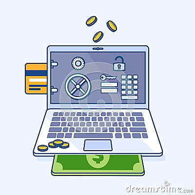 Online internet security banking safe on laptop notebook with mo Vector Illustration