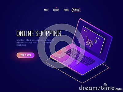 Online internet shopping isometric icon, website purchase, laptop with online shop page, laptop dark neon Vector Illustration