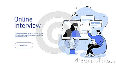 Online interview concept. Interview with a potential employee via video conferencing. Hr manager and worker. Landing Vector Illustration