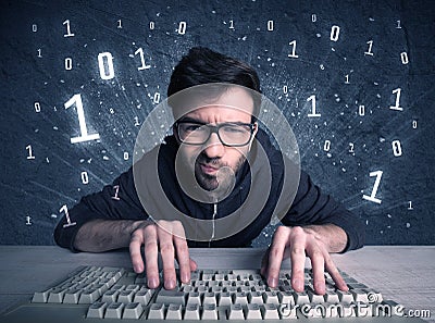 Online intruder geek guy hacking codes Cartoon Illustration