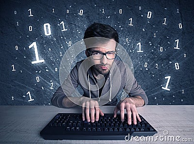 Online intruder geek guy hacking codes Cartoon Illustration