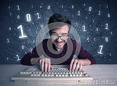 Online intruder geek guy hacking codes Cartoon Illustration
