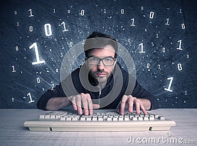 Online intruder geek guy hacking codes Cartoon Illustration