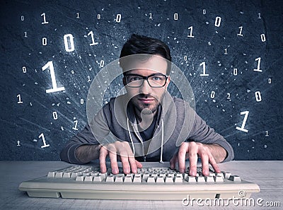 Online intruder geek guy hacking codes Cartoon Illustration