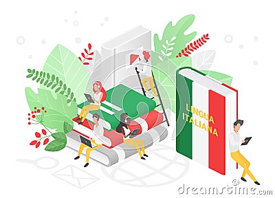 Online Italian language courses isometric 3d illustration. Distance education, remote school, Italy university. Language Vector Illustration