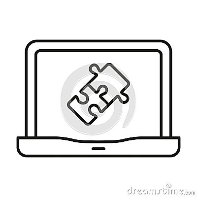 Online Jigsaw Game in Laptop Linear Pictogram. Puzzle App in Computer Line Icon. Web Digital Puzzle Outline Sign Vector Illustration