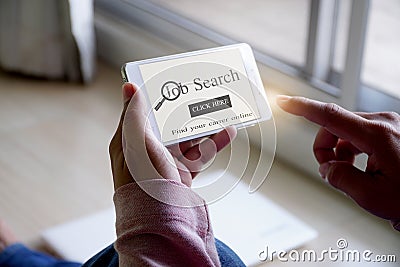 Online job search, hand hold smartphone to search job vacancy on website page Stock Photo