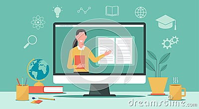 E-learning or online education, teacher teaching on computer screen Vector Illustration