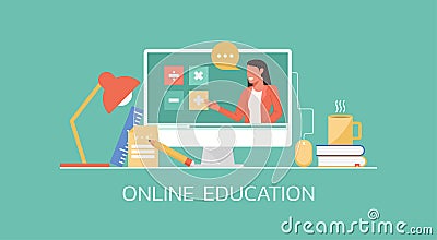 Distance learning, female teacher connecting online math lesson via video website platform Vector Illustration