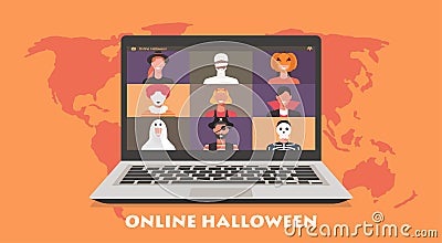 Online Halloween party from around the world concept on laptop screen Vector Illustration