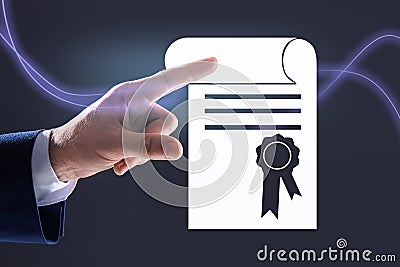 Online learning concept. Man touching diploma illustration on virtual screen, closeup Cartoon Illustration