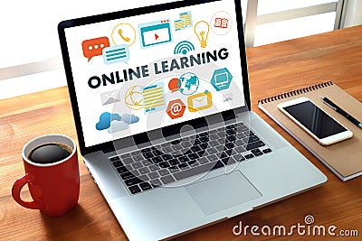 ONLINE LEARNING Connectivity Technology Coaching online Skills T Stock Photo