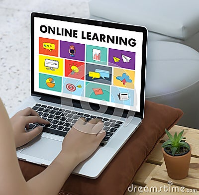 ONLINE LEARNING Connectivity Technology Coaching online Skills T Stock Photo