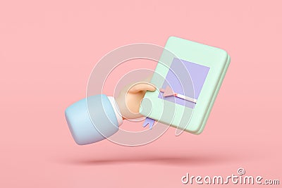 online learning with 3d video player, hand holding book isolated on pink background. online training course, education, knowledge Cartoon Illustration