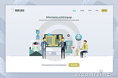 Online learning english language. Language school training, webinars, internet lessons. Vector Illustration