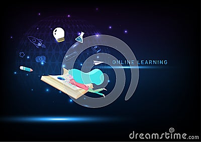 Online learning girl reads book on digital futuristic background people learning concept vector illustration Vector Illustration