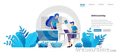 Online learning from home with internet technology with professional mentors. video homeschooling. flat illustration concept for l Vector Illustration