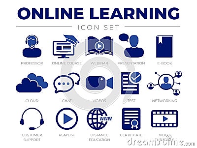 Online Learning Icon Set. Professor, Online Course, Webinar, Presentation, E-Book, Cloud, Chat, Videos, Test, Networking, Customer Vector Illustration