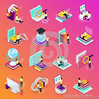 Online Learning Isometric Icons Set Vector Illustration