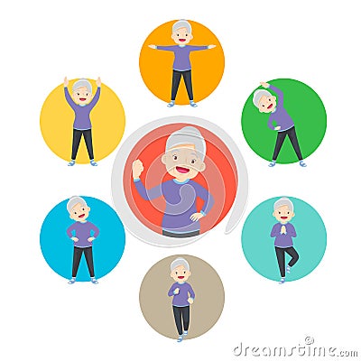 Set of strong elderly woman healthy from exercise various actions in circle chart Vector Illustration