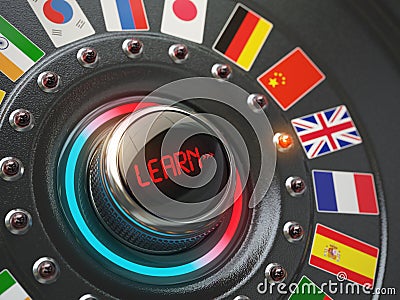 Online learning language concept. Switch knob button with flags. Cartoon Illustration