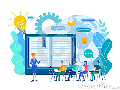 Online learning lessons, webinar and online education courses, the teacher teaches a group of students online. Vector Illustration