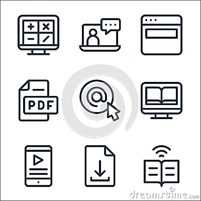 online learning line icons. linear set. quality vector line set such as ebook, file, smartphone, ebook, arroba, pdf, website, Vector Illustration