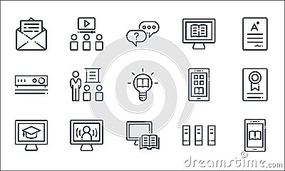 Online learning line icons. linear set. quality vector line set such as ebook, online learning, online learning, library, video Vector Illustration