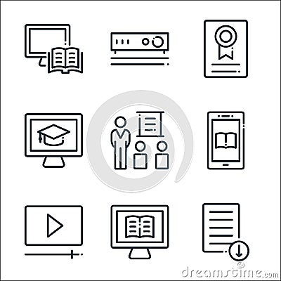 Online learning line icons. linear set. quality vector line set such as file download, online learning, play video, ebook, Vector Illustration