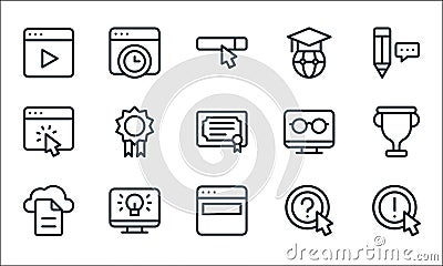 Online learning line icons. linear set. quality vector line set such as information, website, cloud, question, computer, cursor, Vector Illustration