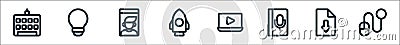 Online learning line icons. linear set. quality vector line set such as mouse, download, audio book, video tutorial, rocket, video Vector Illustration