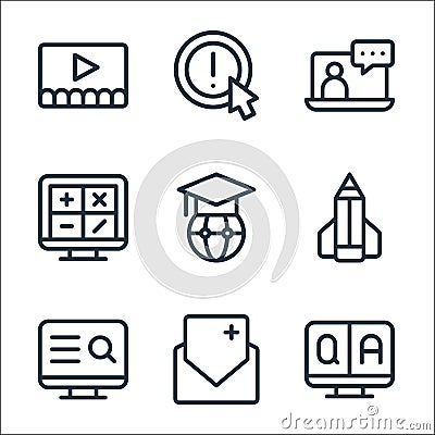 online learning line icons. linear set. quality vector line set such as question, score, search, pencil, graduation, maths, Vector Illustration