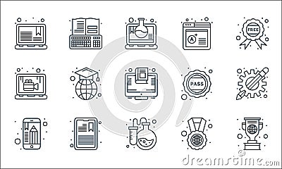 Online learning line icons. linear set. quality vector line set such as trophy, laboratory, mobile app, medal, tablet, video Vector Illustration