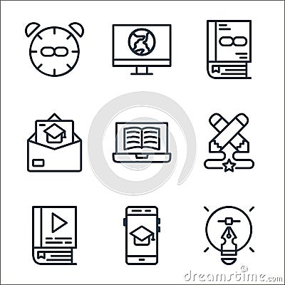 online learning part line icons. linear set. quality vector line set such as creative process, application, audio book, contest, Vector Illustration