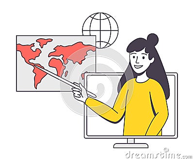 Online Learning with Woman Instructor from Computer Pointing at Globe Map Teaching Geography Engaged in Virtual Classes Vector Illustration