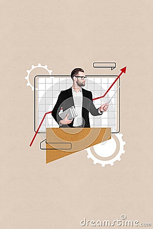 Online lecture teacher directing pointer graphic stats collage picture display progress engineering subject isolated on Stock Photo