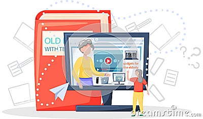 Online lecture and training gadgets for old people, modern means of communication digital technology Vector Illustration
