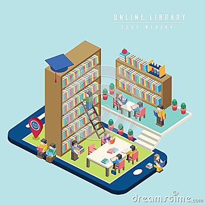 Online library concept 3d isometric infographic Vector Illustration