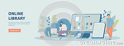 Online library, e-book. Man and woman looking and reading books on website. Online education, shop, store. Vector Illustration