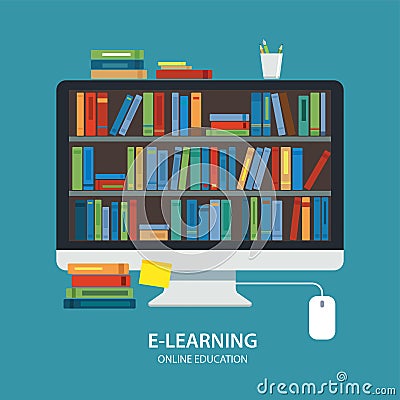 Online library education concept flat design Vector Illustration