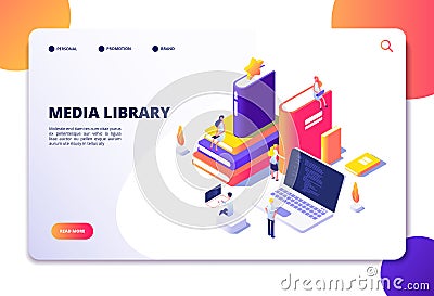 Online library isometric concept. People in bibliotheque, books laptops. Reading technology electronic library vector Vector Illustration