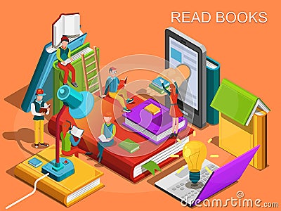 Online library. The process of education, the concept of learning and reading books in the library. University studies Vector Illustration